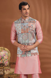 Light Pink Silk Kurta Pajama with Printed Jacket